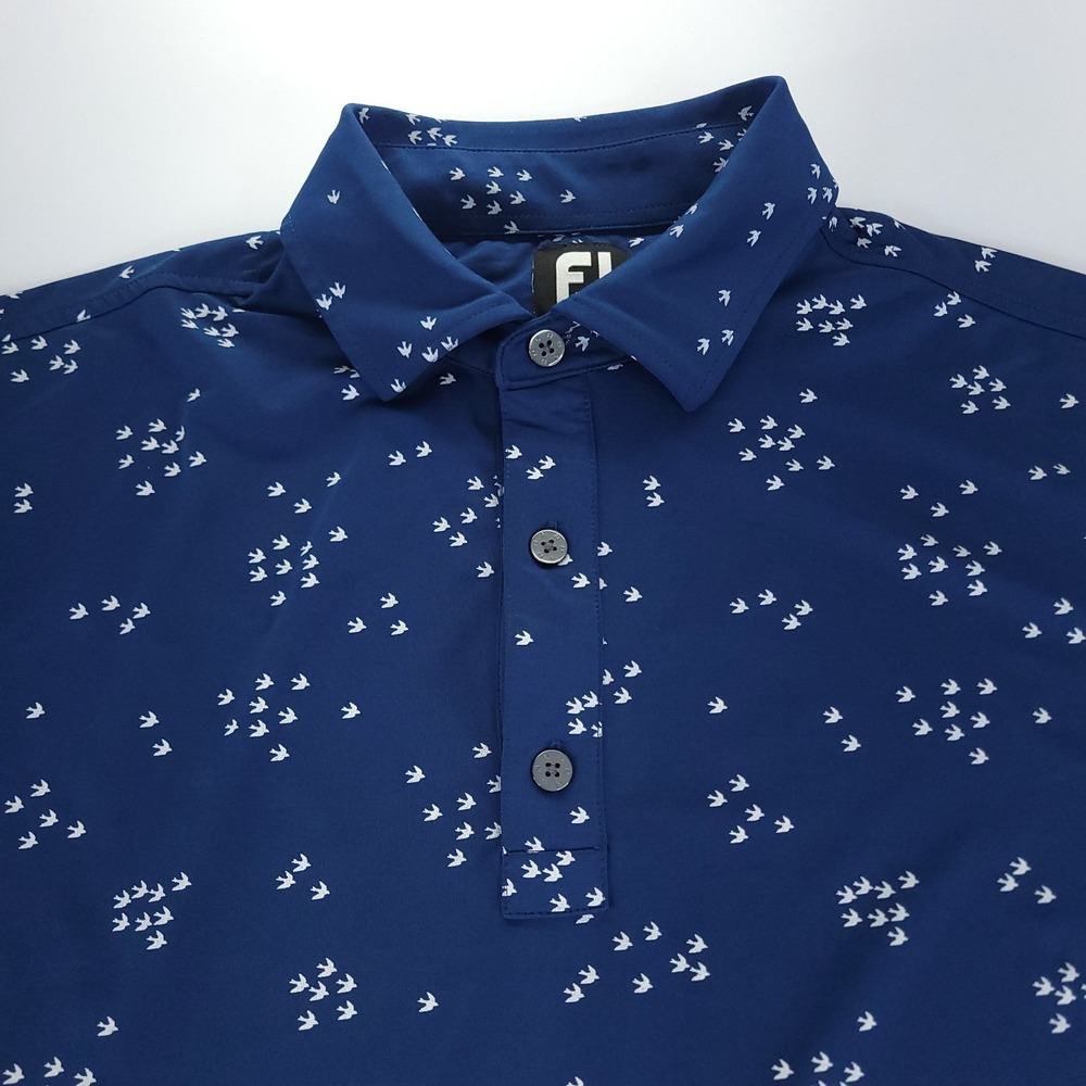 FootJoy Polo Shirt Mens Medium Navy Blue with White Flock of Birds Print Golf